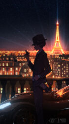 Rule 34 | 1boy, absurdres, black hat, black jacket, black pants, blazer, bottle, car, cigarette, city lights, cityscape, collared shirt, eiffel tower, english text, feet out of frame, formal, france, hat, highres, holding, holding bottle, horizon, house, jacket, light particles, lighter, long sleeves, male focus, motor vehicle, night, night sky, original, pants, pasoputi, railing, scenery, shirt, sky, solo, standing, star (sky), starry sky, suit, watch, white shirt, wristwatch