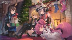 Rule 34 | 4girls, amiya (arknights), animal ears, anklet, arknights, bare shoulders, black coat, black footwear, black skirt, blonde hair, blue choker, blue eyes, blue skirt, blush, box, brown hair, burnt clothes, candle, carpet, character name, choker, christmas, christmas stocking, christmas tree, closed eyes, clothes writing, clothing cutout, coat, commentary, company name, copyright name, dog ears, dog girl, dress, eihi, english commentary, fire, fireplace, fox ears, fox girl, fox tail, frilled sleeves, frills, gift, gift box, gloves, goggles, goggles on head, hair ornament, holding, holding gift, id card, infection monitor (arknights), jewelry, kneeling, loafers, long sleeves, lying, miniskirt, multiple girls, hugging object, official art, on floor, on side, oversized clothes, pantyhose, pillow, pillow hug, pleated skirt, pointy ears, ponytail, print legwear, purple dress, purple hair, rabbit ears, rabbit girl, sack, shoes, shoulder cutout, sidelocks, silver hair, sitting, skirt, skull print, sleeping, sleeping upright, sleeves past fingers, sleeves past wrists, snowflakes, socks, tail, thighhighs, twintails, white gloves, white legwear, window