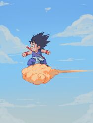 Rule 34 | 1boy, black hair, blue sky, child, cloud, cloudy sky, commentary, dated commentary, day, dragon ball, highres, male focus, meteorstaar, outdoors, short hair, sky, smile, solo, son goku, spiked hair, staff
