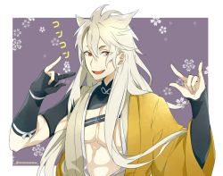 Rule 34 | 10s, 1boy, fox shadow puppet, japanese clothes, kogitsunemaru, male focus, mou (mooooow), open mouth, red eyes, simple background, smile, solo, touken ranbu, upper body, white hair