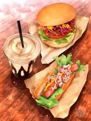 bread burger cup disposable_cup drink drinking_straw food food_focus highres hot_dog lettuce napkin no_humans ooranokohaku original sausage still_life