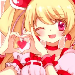 Rule 34 | 00s, 1girl, :d, ;d, blonde hair, blush, cure peach, fresh precure!, heart, heart hands, long hair, magical girl, momozono love, one eye closed, open mouth, pink eyes, precure, smile, solo, twintails, upper body, wink, yuucho (cololal)