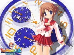 Rule 34 | 00s, 1girl, :o, artist request, blue eyes, bow, bowtie, brown hair, clock, folded ponytail, komaki manaka, long sleeves, looking at viewer, manaka, red bow, red bowtie, red skirt, sailor collar, school uniform, serafuku, shadow, skirt, solo, text focus, to heart (series), to heart 2