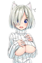 Rule 34 | 10s, 1girl, alternate costume, animal ear fluff, animal ears, blue eyes, blush, breasts, bulbonne, cat ears, cleavage, cleavage cutout, clothing cutout, hair ornament, hair over one eye, hairclip, hamakaze (kancolle), hands on own chest, highres, kantai collection, kemonomimi mode, large breasts, looking at viewer, md5 mismatch, meme attire, open-chest sweater, open mouth, resolution mismatch, school uniform, serafuku, short hair, silver hair, simple background, solo, source smaller, striped, surprised, sweater, upper body, vertical stripes, white background