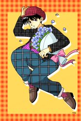 Rule 34 | 1boy, black hair, blue flower, border, bouquet, brown footwear, brown hair, flower, fujishima moyu, full body, hat, highres, holding, holding bouquet, jacket, loafers, long sleeves, looking at viewer, male focus, open mouth, original, pants, petals, plaid, plaid border, plaid headwear, plaid jacket, plaid pants, plaid socks, shoes, solo