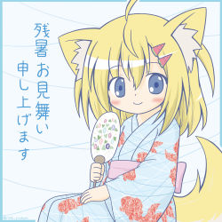 Rule 34 | 1girl, ahoge, animal ears, animal print, blonde hair, blue eyes, blue kimono, blush, bow, closed mouth, commentary request, dog ears, dog girl, dog tail, fish print, food-themed hair ornament, hair between eyes, hair ornament, hand fan, holding, holding fan, japanese clothes, kimono, long hair, looking at viewer, looking to the side, obi, original, paper fan, pink bow, print kimono, ri-net, sash, smile, solo, tail, translation request, uchiwa, watermelon hair ornament, yukata