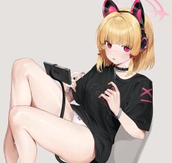 1girl absurdres animal_ear_headphones animal_ears black_shirt blonde_hair blue_archive blush bow bow_panties breasts cat_ear_headphones fake_animal_ears hair_bow halo headphones highres legs_up momoi_(blue_archive) not_forever2w panties pink_eyes pink_halo shirt short_hair sitting solo tail thighs underwear white_panties