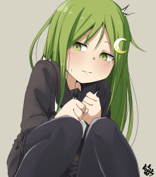 Rule 34 | 1girl, artist name, black pantyhose, black serafuku, commentary request, crescent, crescent hair ornament, green eyes, green hair, grey background, hair ornament, kantai collection, long hair, looking to the side, moti coi, nagatsuki (kancolle), neckerchief, one-hour drawing challenge, pantyhose, school uniform, serafuku, simple background, solo, squatting, white neckerchief