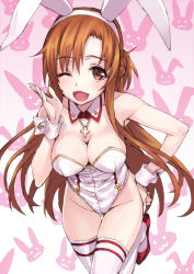 Rule 34 | 10s, 1girl, :3, ;d, adapted costume, animal ears, asuna (sao), bare shoulders, blush, breasts, brown eyes, brown hair, cleavage, cross, detached collar, fake animal ears, hand on own hip, highleg, highres, jewelry, large breasts, leotard, long hair, looking at viewer, matsuryuu, necklace, one eye closed, open mouth, playboy bunny, rabbit ears, smile, solo, sword art online, thigh gap, thighhighs, white thighhighs, wrist cuffs
