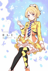 Rule 34 | 1girl, ayase eli, birthday, black thighhighs, blonde hair, blue eyes, character name, checkered clothes, checkered legwear, copyright name, english text, happy birthday, jacket, long hair, love live!, love live! school idol festival, love live! school idol project, miniskirt, momoold, necktie, ponytail, skirt, solo, spade (shape), thighhighs, zettai ryouiki