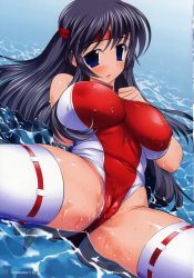 Rule 34 | 00s, 1girl, absurdres, black hair, blue hair, blush, breasts, cameltoe, cleft of venus, headband, highres, large breasts, long hair, musha miko tomoe, one-piece swimsuit, queen&#039;s blade, raidon, solo, swimsuit, thighhighs, tomoe (queen&#039;s blade), tomoe (queen's blade), water, wet