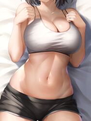 Rule 34 | 1girl, absurdres, asanagi shion, azur lane, baltimore (azur lane), baltimore (black ace) (azur lane), bare shoulders, bed sheet, black shorts, breasts, brown hair, cleavage, collarbone, commentary request, cowboy shot, groin, hands up, head out of frame, highres, large breasts, lying, midriff, navel, navel focus, official alternate costume, on back, shadow, short hair, short shorts, shorts, sidelocks, solo, sports bra, sportswear, taut clothes, white sports bra