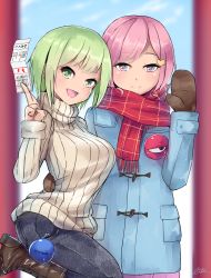Rule 34 | 2girls, :d, absurdres, alternate costume, arm up, between fingers, blue coat, blue sky, boots, breasts, brown footwear, brown mittens, casual, cloud, coat, commentary request, contemporary, cowboy shot, day, denim, duffel coat, green eyes, green hair, hair ornament, hand on another&#039;s back, head tilt, heart, heart hair ornament, highres, hiyashi mikan, holding, holding paper, jeans, komeiji koishi, komeiji satori, large breasts, long sleeves, looking at viewer, mittens, multiple girls, omikuji, open mouth, outdoors, pants, paper, pink eyes, pink hair, plaid, plaid scarf, portrait, ribbed sweater, scarf, short hair, siblings, signature, sisters, sky, smile, standing, standing on one leg, sweater, swept bangs, third eye, touhou, turtleneck, turtleneck sweater, waist grab, white sweater