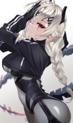 Rule 34 | 1girl, artist request, ass, breasts, cowboy shot, curvy, earrings, highres, holding head, jewelry, large breasts, long hair, looking at viewer, looking to the side, one eye covered, red eyes, saruei (vtuber), scar, scar on face, silver hair, simple background, tail, tochi keisuke, virtual youtuber