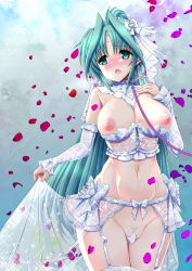 Rule 34 | 1girl, blush, breasts, breasts out, bridal veil, collar, dress, female focus, garter belt, garter straps, green hair, large breasts, leash, lindy harlaown, long hair, looking at viewer, lyrical nanoha, mahou shoujo lyrical nanoha, mahou shoujo lyrical nanoha a&#039;s, mahou shoujo lyrical nanoha strikers, navel, nipples, open mouth, shiwo, solo, thighhighs, veil, wedding dress, white thighhighs