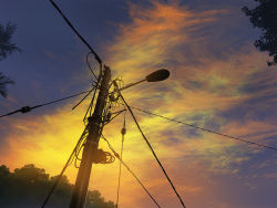 Rule 34 | blue sky, commentary, day, english commentary, highres, making-of available, mclelun, multicolored sky, no humans, original, outdoors, photoshop (medium), power lines, scenery, sky, tree, twilight, utility pole