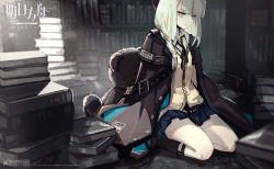 Rule 34 | 1girl, arknights, beret, black socks, blue eyes, blue hair, blue skirt, book, book stack, braid, coat, copyright name, expressionless, hat, highres, istina (arknights), jacket, kneehighs, long hair, long sleeves, miniskirt, multicolored hair, neck ribbon, open clothes, open coat, parted lips, pleated skirt, ribbon, seiza, shirt, sitting, skade, skirt, socks, streaked hair, stuffed animal, stuffed toy, teddy bear, thighs