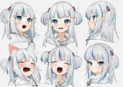 Rule 34 | !, 1girl, :t, ?, a (phrase), alternate costume, animal ear fluff, animal ears, blue eyes, blue hair, blush, cat ears, catchphrase, closed eyes, closed mouth, commentary, cropped torso, english commentary, expressions, furrowed brow, gawr gura, gotou (nekocat), grey background, hair ornament, highres, hololive, hololive english, hood, hoodie, kemonomimi mode, long hair, looking at viewer, multicolored hair, multiple views, open mouth, portrait, pout, profile, shark hair ornament, sharp teeth, short twintails, silver hair, simple background, sleepy, smile, streaked hair, surprised, sweatdrop, tearing up, tears, teeth, twintails, two-tone hair, two side up, virtual youtuber, wavy mouth, white hoodie, yawning