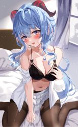 Rule 34 | 1girl, ahoge, bare shoulders, bed, blue hair, blush, bra, breasts, cleavage, collarbone, curtains, ganyu (genshin impact), genshin impact, goat horns, highres, horns, lace, lace-trimmed bra, lace trim, large breasts, long hair, looking at viewer, multicolored eyes, navel, on bed, open clothes, open mouth, open shirt, paid reward available, pantyhose, pillow, pleated skirt, purple eyes, shirt, sidelocks, sitting, skirt, solo, sunlight, torn clothes, underwear, wariza, wavy hair, white shirt, white skirt, window, yamamoto (ymmt is sexy)