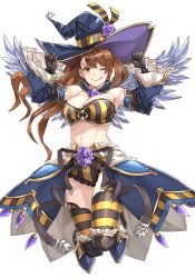 Rule 34 | &gt;:), 1girl, ;), ;p, bandeau, bare shoulders, beatrix (granblue fantasy), black gloves, black ribbon, blue hat, blush, breasts, brown hair, cleavage, closed mouth, detached collar, detached sleeves, frilled shorts, frills, gloves, granblue fantasy, green eyes, hair between eyes, halloween, halloween costume, happy halloween, hat, highres, large breasts, long hair, long sleeves, looking at viewer, michihasu, navel, one eye closed, orange background, ribbon, short shorts, shorts, showgirl skirt, simple background, smile, solo, striped clothes, striped thighhighs, thighhighs, tongue, tongue out, v-shaped eyebrows, wide sleeves, witch hat