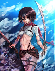 Rule 34 | 1girl, abs, black hair, breasts, dnm, dual wielding, gigige12, harness, highres, holding, mikasa ackerman, red scarf, revision, scarf, shingeki no kyojin, short hair, small breasts, solo, sword, thigh strap, three-dimensional maneuver gear, torn clothes, weapon, wet