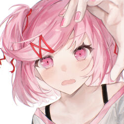 Rule 34 | 1girl, blush, close-up, commentary, doki doki literature club, fang, frown, highres, lips, looking at viewer, natsuki (doki doki literature club), open mouth, pink eyes, pink hair, pink nails, portrait, reaching, reaching towards viewer, shirt, shiruru531, short hair, sidelocks, simple background, skin fang, solo, swept bangs, symbol-only commentary, twintails, white background, white shirt