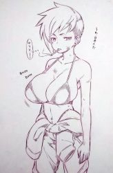 Rule 34 | 1girl, bikini, bikini top only, breasts, cigarette, collarbone, commentary request, highres, jumpsuit, jumpsuit around waist, large breasts, looking at viewer, monochrome, navel, original, short hair, smoking, solo, standing, swimsuit, traditional media, translation request, tsukareta san, undercut