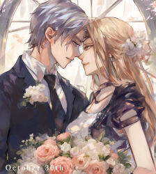 1boy 1girl black_jacket black_necktie blonde_hair blue_eyes bouquet brother_and_sister choker circlet commentary_request corsage dated dragon_quest dragon_quest_vi eye_contact flower formal_clothes green_eyes grey_hair hair_flower hair_ornament heads_together highres incest jacket jewelry karintoso long_hair looking_at_another mireyu necklace necktie pink_flower pink_rose profile rose short_hair siblings silver_circlet terry_(dq6) upper_body white_flower