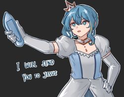 Rule 34 | 1girl, blue eyes, blue hair, crown, elbow gloves, english text, gloves, hand on own hip, high heels, highres, holding shoe, hololive, hoshimachi suisei, mini crown, oracle silbern, shoes, single shoe, solo, speech bubble, steven he, threat, virtual youtuber