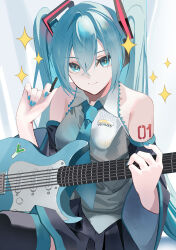 Rule 34 | 1girl, absurdres, aqua eyes, aqua trim, arm tattoo, bare shoulders, bell sleeves, black thighhighs, blue eyes, blue hair, blue necktie, breasts, collarbone, commentary request, copyright name, crossed bangs, dot nose, electric guitar, english text, eyelashes, eyeshadow, frilled shirt collar, frills, guitar, hair between eyes, hatsune miku, highres, holding, holding guitar, holding instrument, holding plectrum, instrument, koushaku reijou (dia 1999), light blue hair, long bangs, long hair, looking at viewer, looking up, makeup, necktie, pleated skirt, plectrum, raised eyebrows, shirt, sidelocks, skirt, sleeveless, sleeveless shirt, small breasts, smile, solo, sparkle, sparkling eyes, tattoo, thighhighs, twintails, vocaloid, white background