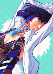 Rule 34 | 1girl, aqua background, aqua eyes, arms up, blue hair, breasts, choker, cleavage, commentary, english commentary, fur-trimmed jacket, fur trim, genshin impact, grin, highres, jacket, large breasts, open clothes, open jacket, short hair, smile, solo, upper body, white choker, white jacket, yan (hexxmanic), yelan (genshin impact)