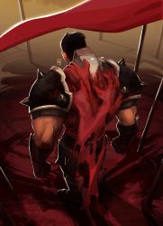 Rule 34 | 1boy, absurdres, armor, arms behind back, back, black hair, blood, blood on clothes, blood on hands, broad shoulders, darius (league of legends), flag, gauntlets, highres, league of legends, leg armor, male focus, manly, mawvax, muscular, muscular male, pole, scar, scar on arm, short hair, shoulder pads, signature, solo, sunset