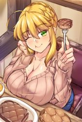 Rule 34 | 1girl, :t, ahoge, artoria pendragon (fate), artoria pendragon (lancer) (fate), braid, bread, breasts, brown sweater, cleavage, closed mouth, collarbone, commentary request, eating, fate/grand order, fate (series), fingernails, food, fork, french braid, from above, hair between eyes, hands up, head tilt, highres, holding, holding fork, large breasts, lips, long hair, long sleeves, looking at viewer, meat, one eye closed, plate, ribbed sweater, shirokuma a, sitting, sketch, smile, solo, sweat, sweater