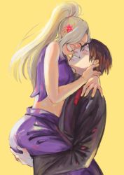Rule 34 | 1boy, 1girl, absurdres, ass, ass grab, black hair, blonde hair, blush, boruto: naruto next generations, carrying, closed eyes, couple, curvy, family, flower, flower on head, hair over one eye, highres, holding, huge ass, hugging each other, husband and wife, lipstick, makeup, mature female, monday mint, naruto, naruto (series), ponytail, sai, smile, smile, yamanaka ino