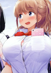 Rule 34 | 2girls, absurdres, bag, black bra, black hair, blue eyes, blue sky, blush, bow, bowtie, bra, bra peek, breast pocket, breasts, brown hair, button gap, cellphone, cloud, cloudy sky, collared shirt, day, dress shirt, fang, highres, kaisen chuui, large breasts, lips, long hair, looking to the side, multiple girls, non-web source, open mouth, original, outdoors, page number, phone, pocket, red bow, red neckwear, school bag, school uniform, shirt, sky, smartphone, smile, underwear, upper body, white shirt, wing collar