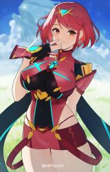 Rule 34 | 1girl, absurdres, arm behind back, black gloves, blue sky, breasts, chest jewel, closed mouth, covered navel, cowboy shot, earrings, fingerless gloves, gloves, highres, jewelry, kndy, large breasts, looking at viewer, pyra (xenoblade), red eyes, red hair, red shorts, short hair, short shorts, shorts, skin tight, sky, smile, solo, xenoblade chronicles (series), xenoblade chronicles 2