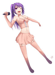 Rule 34 | 1girl, elbow gloves, garter straps, gloves, long hair, microphone, miyo (ranthath), open mouth, original, pink thighhighs, purple eyes, purple hair, side ponytail, skirt, smile, solo, tank top, thighhighs