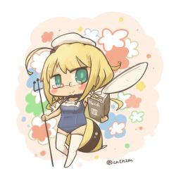 Rule 34 | 10s, 1girl, ahoge, aqua eyes, bee, blonde hair, blush stickers, book, bug, chibi, glasses, hair ribbon, hat, i-8 (kancolle), inishie, bug, insect wings, kantai collection, looking at viewer, one-piece swimsuit, polearm, pun, ribbon, school swimsuit, smile, solo, stinger, swimsuit, thighhighs, trident, weapon, wings