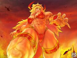 Rule 34 | 1girl, abs, aircraft, airplane, bikini, blonde hair, breasts, city, claws, female focus, fire, giant, giantess, helicopter, highres, horns, jamrolypoly, large breasts, long hair, looking at viewer, looking down, multicolored eyes, muscular, muscular arms, muscular female, muscular legs, original, ornament, solo, swimsuit, tongue, tongue out, very long hair