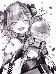 Rule 34 | 1girl, ;d, absurdres, blunt bangs, checkered clothes, checkered kimono, choker, confetti, fang, fishnet gloves, fishnets, fur collar, gloves, greyscale, hair ornament, hairclip, heart, highres, hololive, japanese clothes, kimono, lace, lace choker, light blush, looking at viewer, monochrome, nail polish, nanashi (nlo), official alternate costume, one eye closed, open mouth, simple background, smile, solo, tokoyami towa, tokoyami towa (new year), upper body, virtual youtuber, x hair ornament