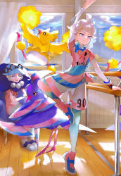 Rule 34 | 1boy, 1girl, ahoge, arm up, ballet, bede (pokemon), blue headwear, closed mouth, collared shirt, commentary request, creatures (company), dress, frown, game freak, gen 7 pokemon, grey hair, hat, highres, holding, leg up, leggings, nintendo, old, old woman, opal (pokemon), orange mikan, oricorio, oricorio (pom-pom), oricorio (sensu), pink shirt, pokemon, pokemon (creature), pokemon swsh, purple eyes, scarf, shirt, shoes, short hair, shorts, sitting, standing, standing on one leg, sweatdrop, undershirt, wooden floor