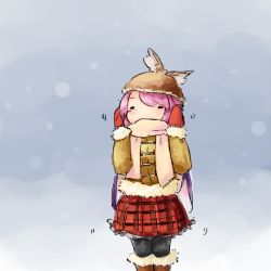 Rule 34 | 1girl, alternate costume, animal ears, black legwear, boots, checkered clothes, checkered shirt, closed eyes, coat, covered mouth, covering own ears, fur coat, fur trim, gloves, hat, mittens, mystia lorelei, pink hair, red gloves, red mittens, scarf, scarf over mouth, shaking, shirt, short hair, snow, snowing, solo, touhou, trembling, wings, winter clothes, yaise