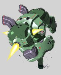 Rule 34 | absurdres, charging forward, clenched hands, commentary, english commentary, glowing, glowing eye, grey background, gundam, highres, jeetdoh, looking at viewer, mecha, mobile suit gundam, no humans, one-eyed, red eyes, redesign, robot, solo, zaku, zeon