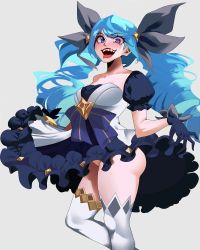 Rule 34 | 1girl, blue eyes, blue hair, breasts, clothes lift, dress, dress lift, drill hair, feathers, grey background, gwen (league of legends), hair ornament, highres, lastofrabbit, league of legends, self-upload, simple background, twintails
