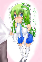 Rule 34 | 1girl, bad id, bad pixiv id, blue eyes, blush, daive, detached sleeves, female focus, frog, green hair, hair ornament, have to pee, highres, kochiya sanae, long hair, saliva, snake, solo, sweat, tears, thighhighs, touhou, trembling, white thighhighs