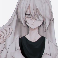 Rule 34 | 1boy, 402 (o0 xxx), absurdres, black hair, closed mouth, eyepatch, fingernails, grey background, grey eyes, grey hair, highres, looking at viewer, male focus, multicolored hair, original, simple background, solo, upper body, white theme