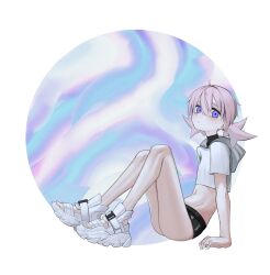 Rule 34 | 1girl, absurdres, bare legs, black shorts, closed mouth, crop top, ear piercing, full body, highres, hood, hood down, looking at viewer, micro shorts, original, piercing, pink hair, purple eyes, shoes, short shorts, short sleeves, short twintails, shorts, simple background, sitting, solo, toxic ghost, twintails, white footwear
