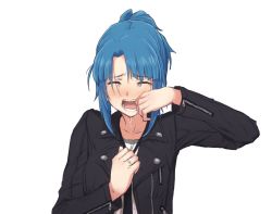 Rule 34 | 1girl, alice gear aegis, bad id, bad twitter id, black jacket, blue hair, commentary, crying, crying with eyes closed, closed eyes, highres, jacket, kosumone, necktie, open mouth, ponytail, simple background, solo, takanashi rei, tears, white background