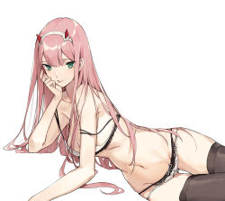 Rule 34 | 10s, 1girl, :p, aiko (kanl), bare shoulders, black thighhighs, bra, breasts, cleavage, darling in the franxx, green eyes, hairband, head rest, horns, lace, lace-trimmed panties, lace trim, long hair, looking at viewer, medium breasts, navel, panties, pink hair, sidelocks, simple background, solo, strap slip, thighhighs, tongue, tongue out, underwear, underwear only, white background, white bra, white panties, zero two (darling in the franxx)