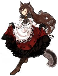 Rule 34 | 1girl, adapted costume, alternate costume, animal ears, apron, bad id, bad pixiv id, boots, brooch, brown footwear, brown hair, cross-laced footwear, curtsey, dress, full body, imaizumi kagerou, jewelry, knee boots, long hair, long sleeves, red eyes, solo, tail, touhou, tsukiori, very long hair, waist apron, white background, wolf ears, wolf tail